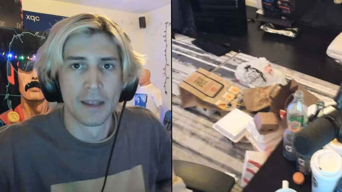 xQc talking to camera alongside trash on floor