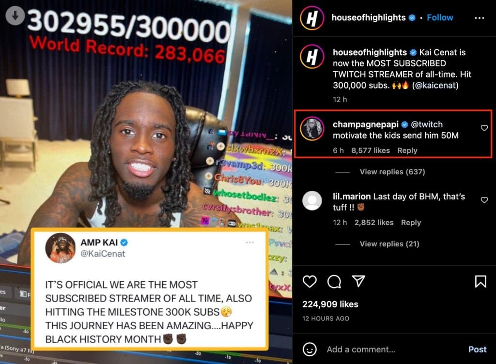 drake comment telling twitch to pay Kai Cenat $50 million