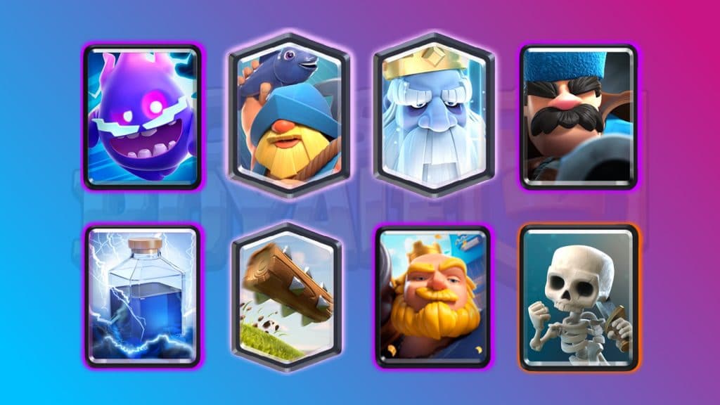 Royal Giant Ghost deck consisting of Electro Spirit, Fisherman, Royal Ghost, Hunter, Lightning, The Log, Royal Giant, and Skeletons cards