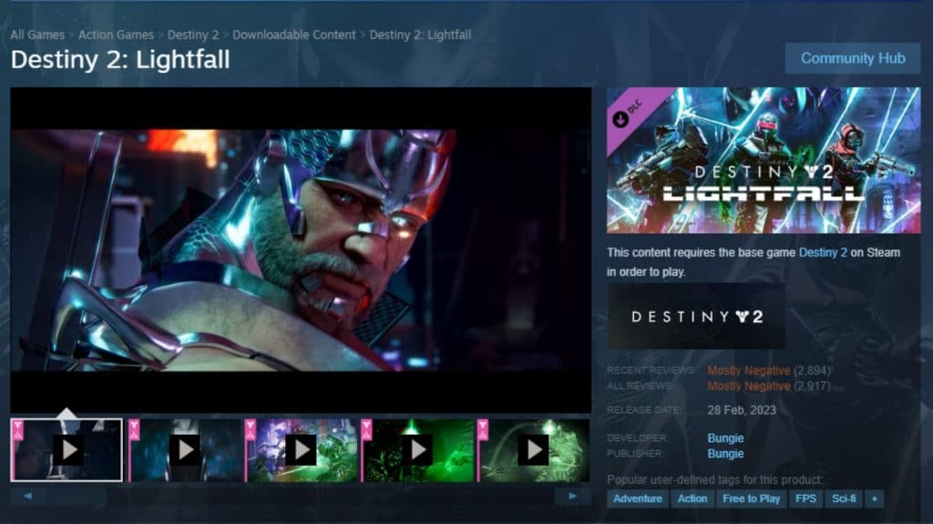 steam page for destiny 2 lightfall