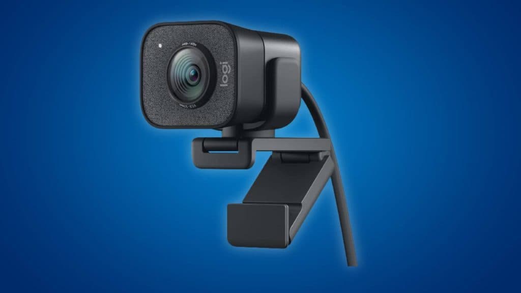 Image of the 
Logitech for Creators StreamCam Premium Webcam on a blue background.