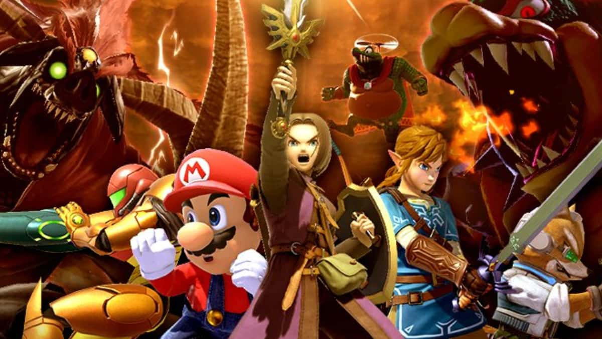 mario, samus, hero, link and fox fight off evil in smash bros