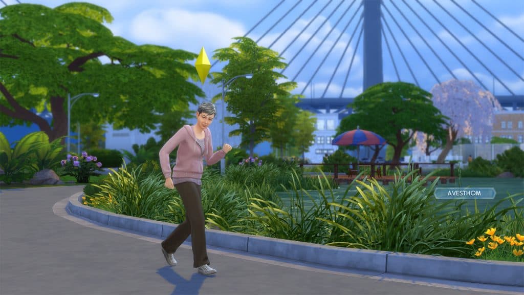 An Elder Sim walking around Gilbert Gardens lake in Growing Together