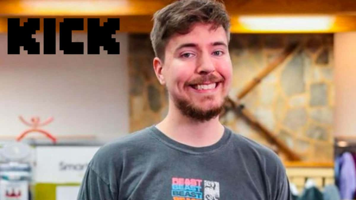 MrBeast smiling in grey shirt next to Kick logo