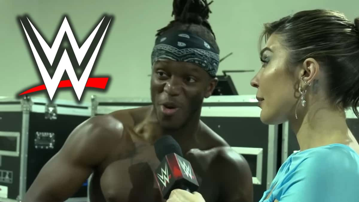 KSI shirtless next to WWE logo