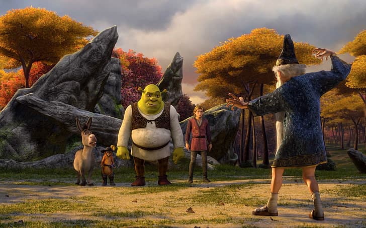 shrek, donkey, arthur and merlin in shrek 3