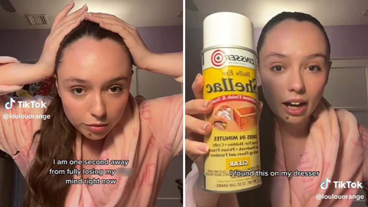 Woman uses wood shellac instead of hair spray