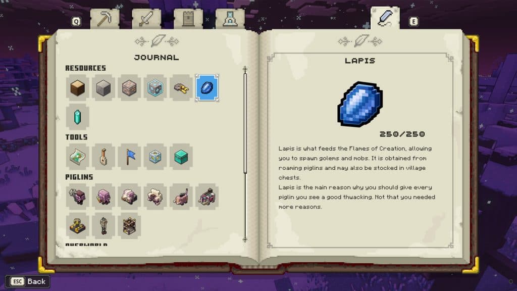 information about Lapis in Minecraft Legends journal