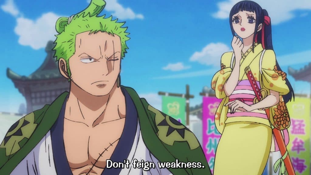 An image of Zoro asking Okiku to protect herself in One Piece