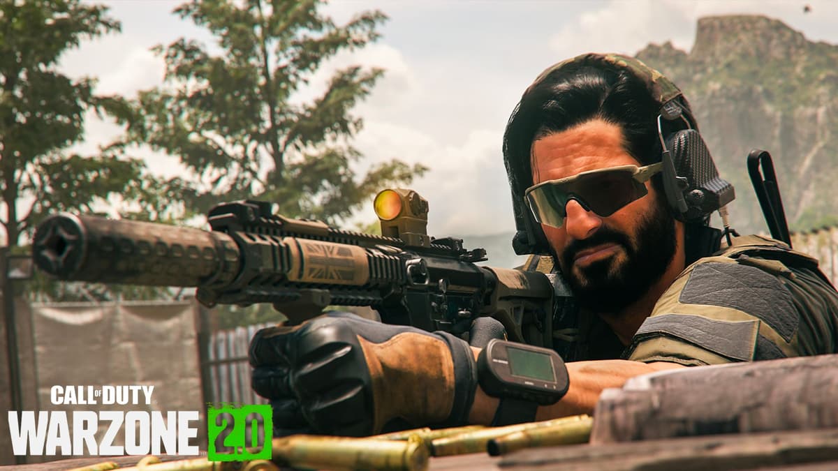 Warzone 2 character aiming at long-range in sunglasses