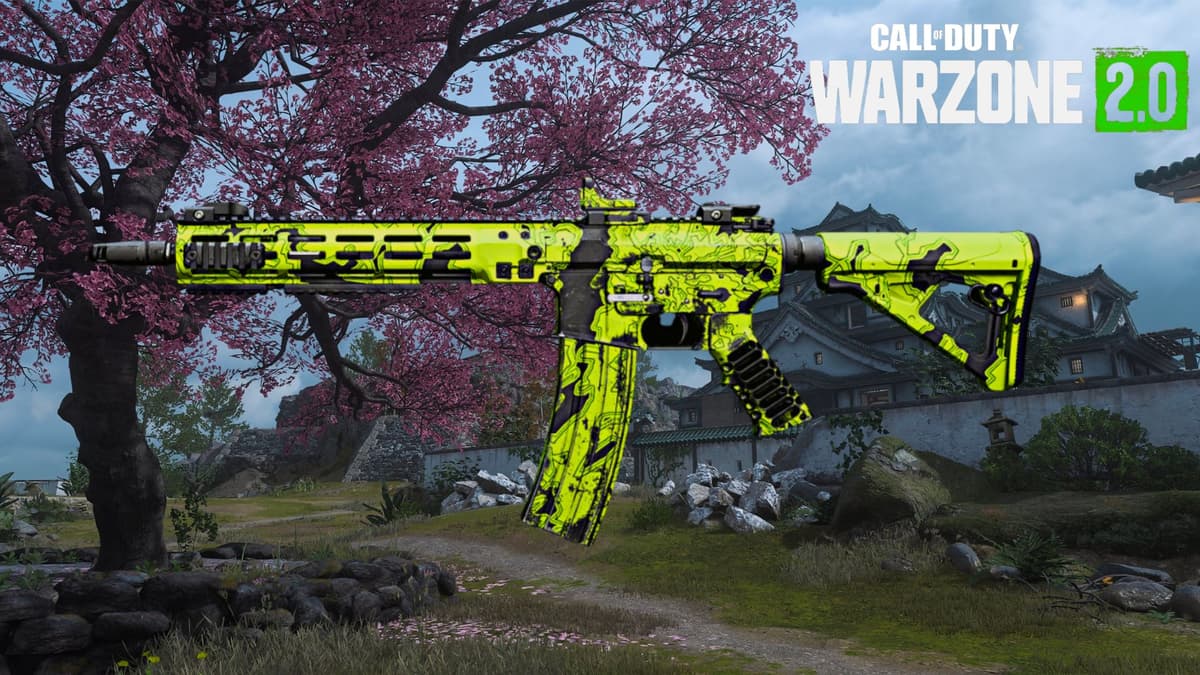 Green an dblack M4 Warzone 2 skin on Ashika Island map