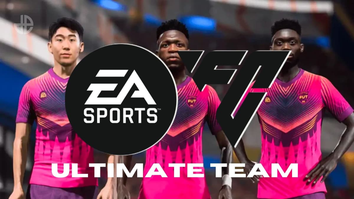 Heung Min-Son, Vinicius JR, and Alphonso Davies around EA FC 24 logo