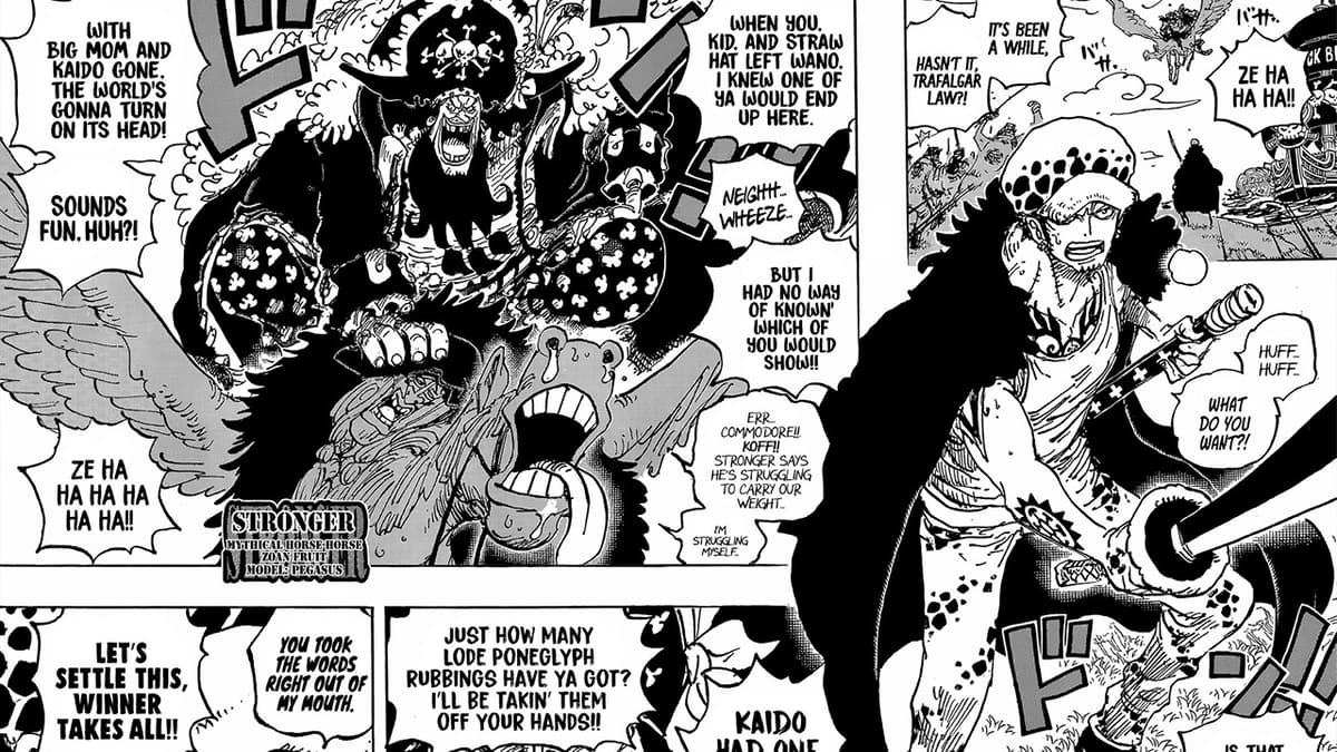 An image of Blackbeard attacking Trafalgar Law for Road Poneglyphs