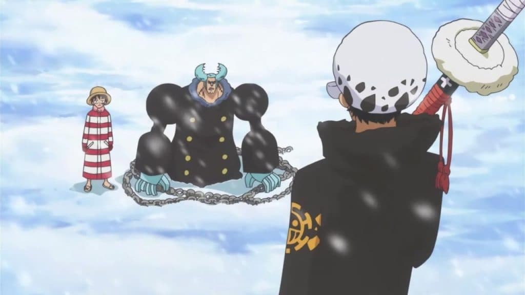 An image of Trafalgar Law and Luffy discussing their alliance