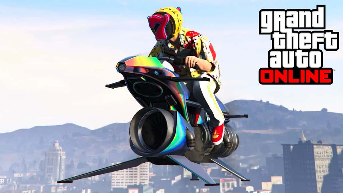 GTA Online character in 7 chip mask flying on Oppressor motorbike