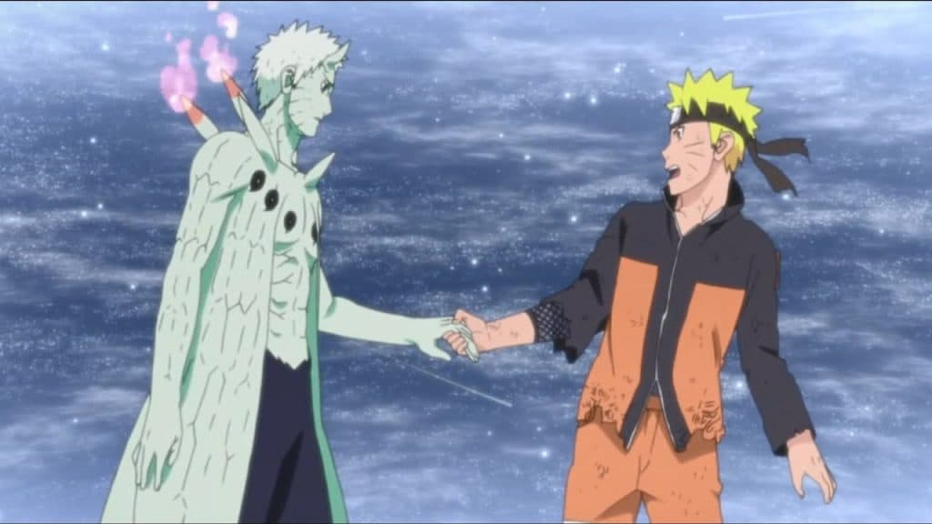 An image of Naruto joining hands with Obito after winning him over with Talk no Jutsu