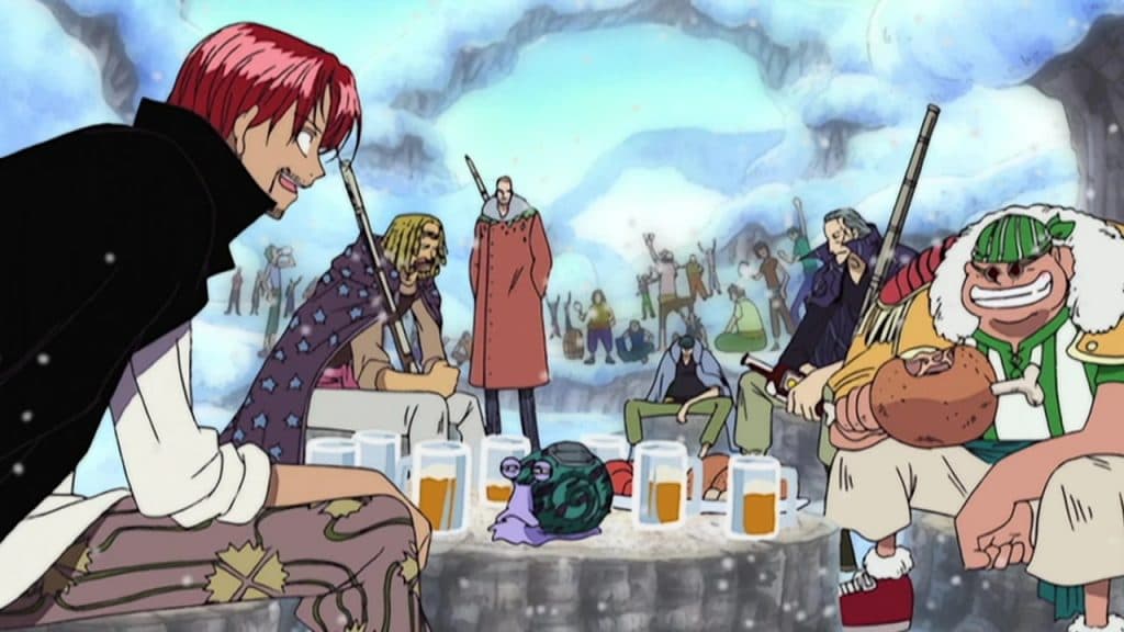 An image with all the important members of Red Hair Pirates in One Piece