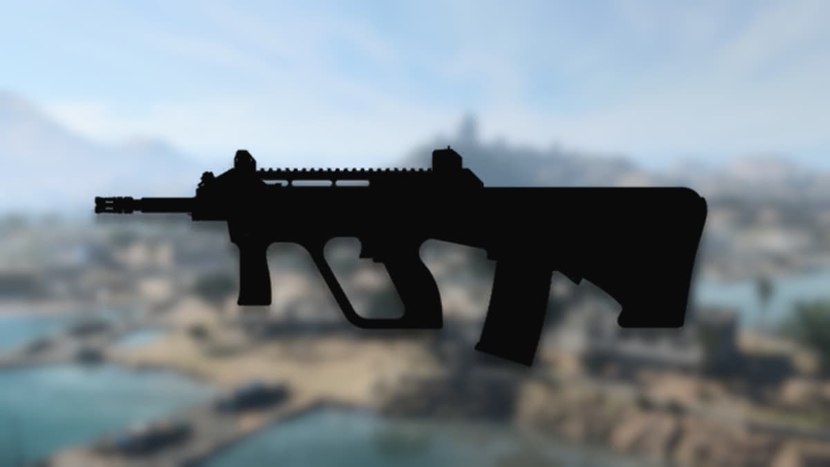 silhouette of stb 556 assault rifle with blurred al mazrah in background