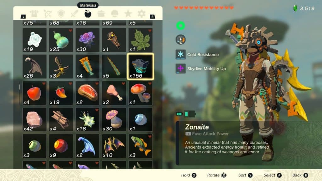 zonaite in link's inventory in zelda tears of the kingdom