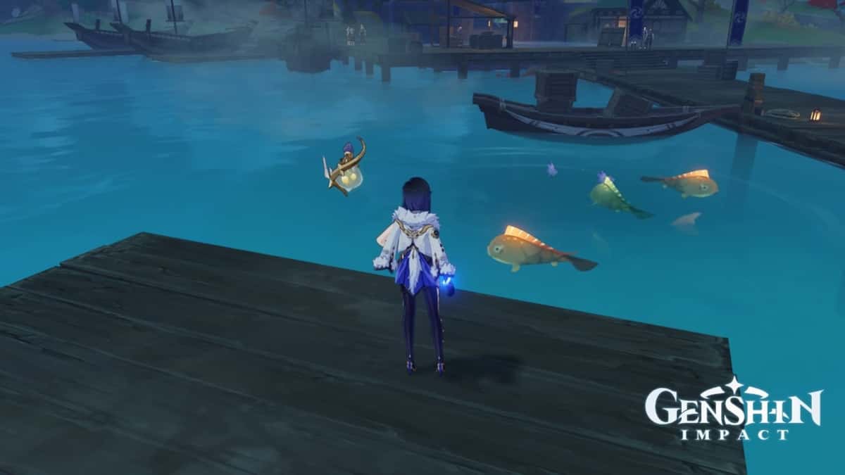 Yelan standing in-front of the Ritou fishing spot in Inazuma