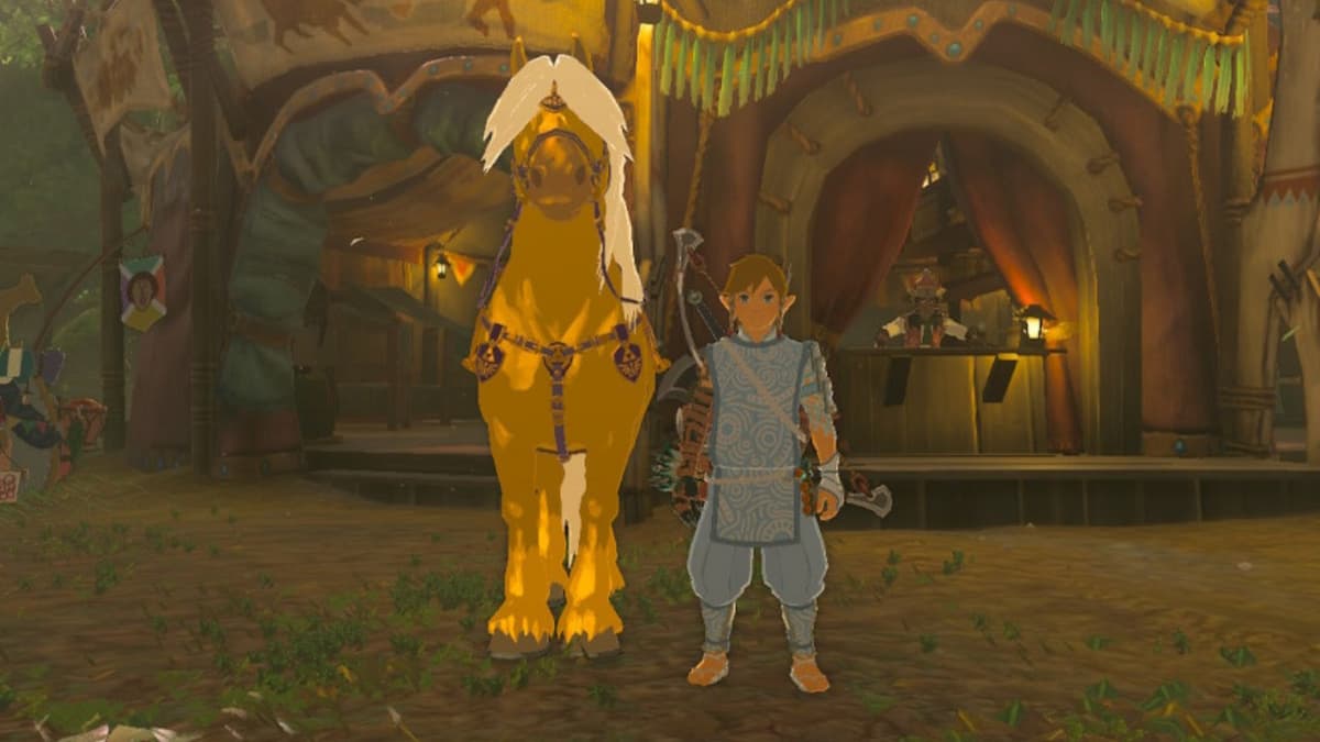 Link standing next to Zelda's golden horse