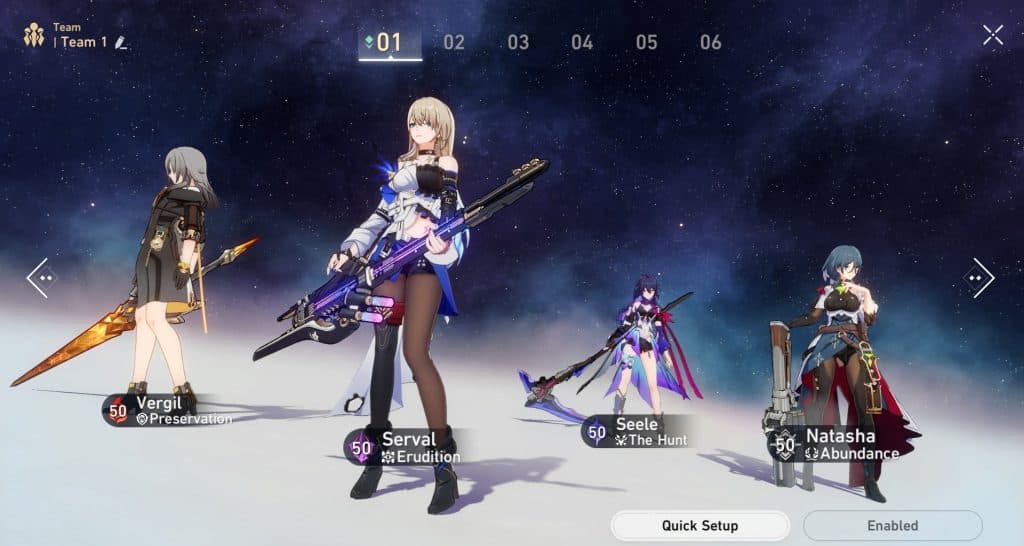 A screenshot of Serval's best team comp in Honkai Star Rail