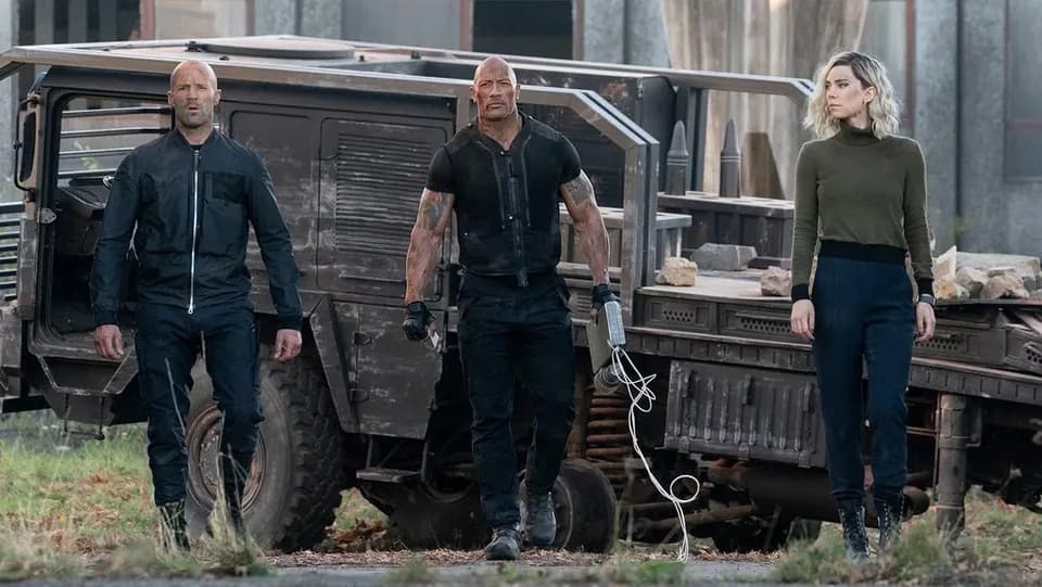 Jason Statham, Dwayne Johnson, and Vanessa Kirby in Hobbs and Shaw