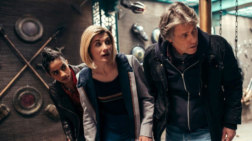 An image of Jodie Whittaker, Mandip Gill and John Bishop in Doctor Who.