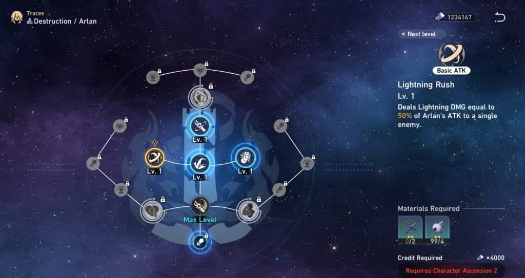 A screenshot of Arlan's abilities in Honkai Star Rail