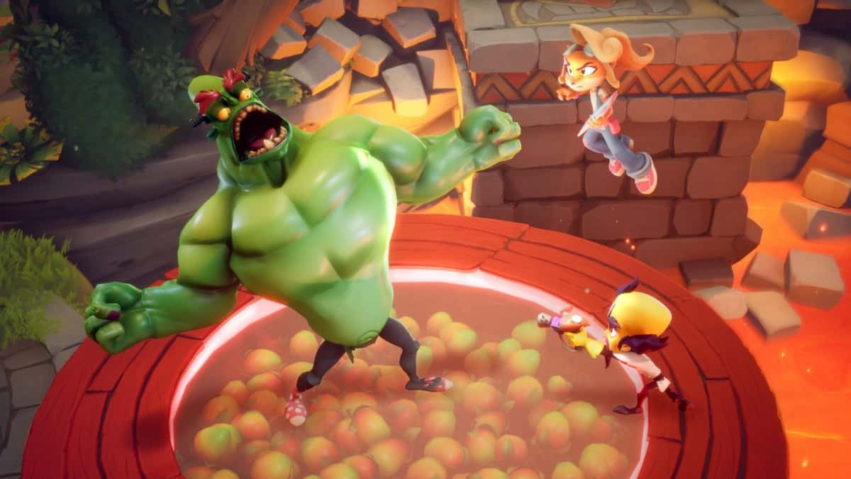 coco and cortex attacking enemy in crash team rumble