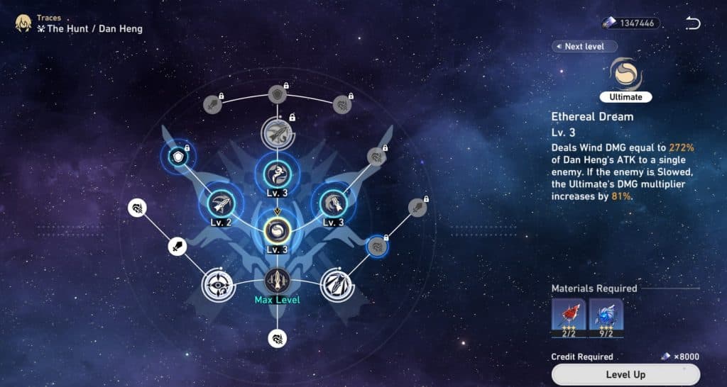 A screenshot of Dan Heng's abilities in Honkai Star Rail