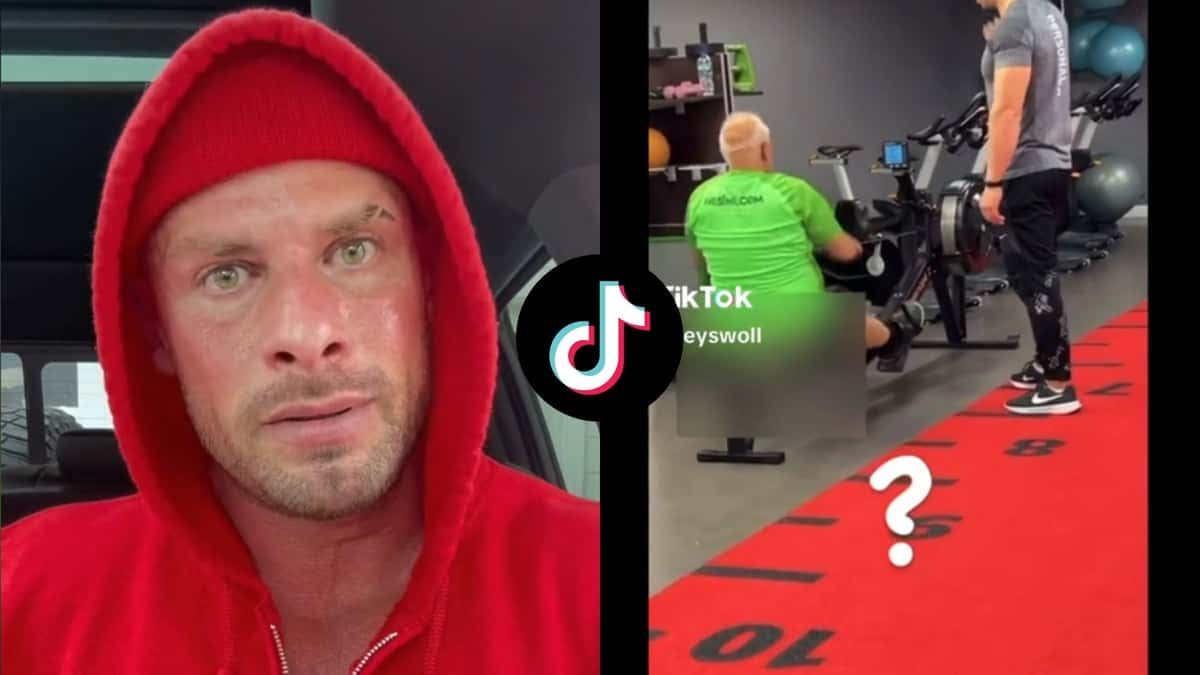 Joey Swoll in red hoodie side by side with screenshot of man in gym