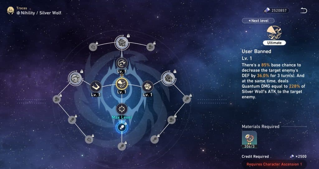 A screenshot of Silver Wolf's abilities in Honkai Star Rail