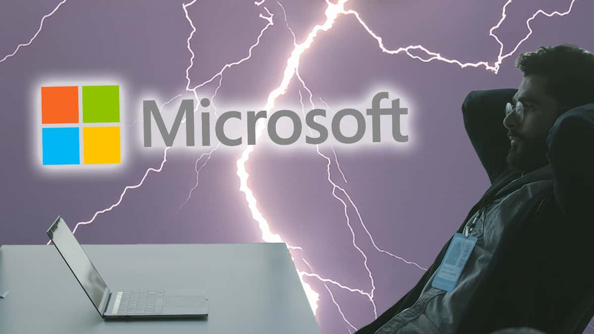 microsoft logo above a thunderstorm as a security expert sits flummoxed at a hack