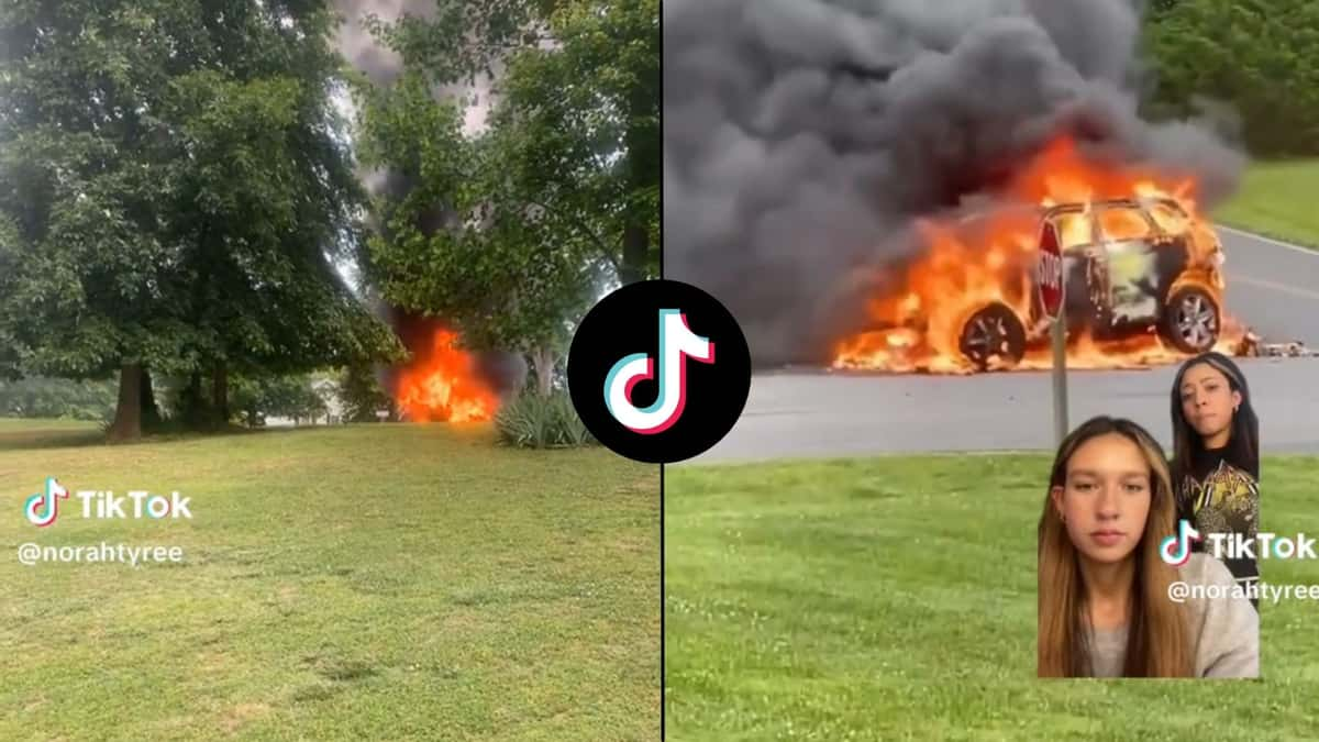 Screenshots of TikTok showing car on fire