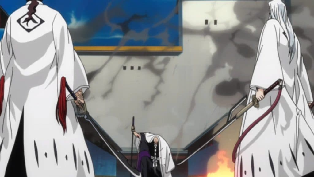 An image of Shunsui and Ukitake vs Yamamoto in Bleach