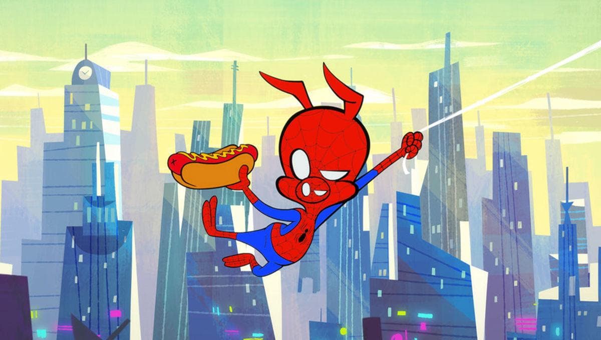 spider-ham swinging through the city