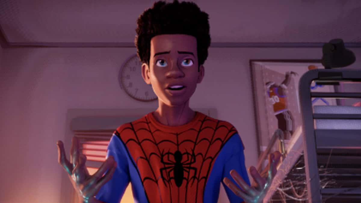 A close up of Miles Morales in his Spider-Man suit in Spider-Man: Into the Spider-Verse