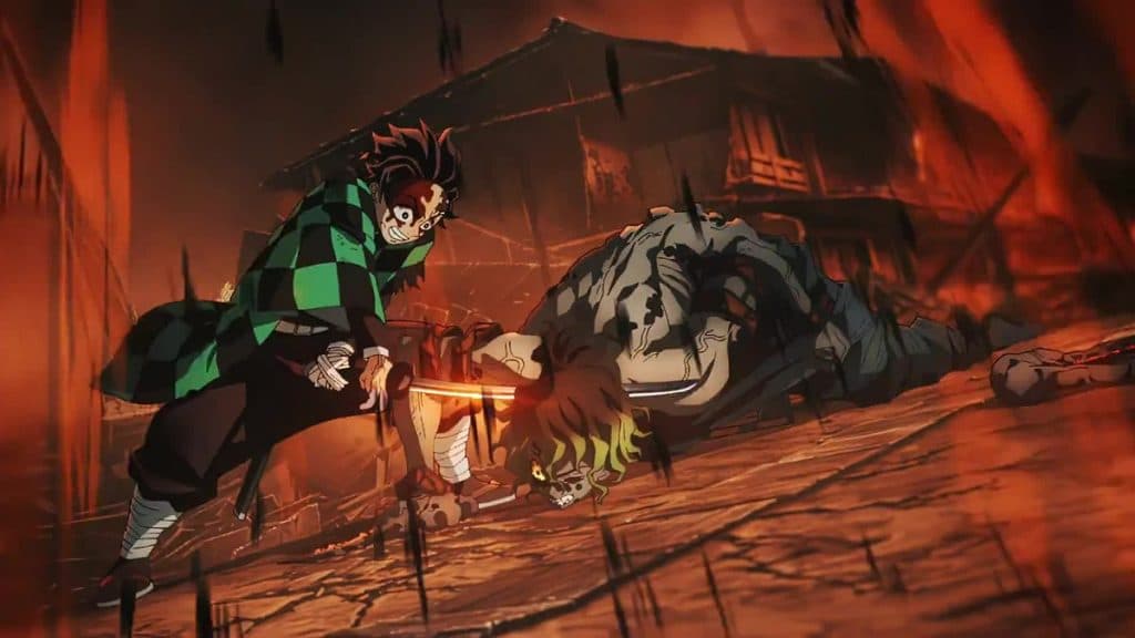 An image of Tanjiro and Hashira vs Gyutaro