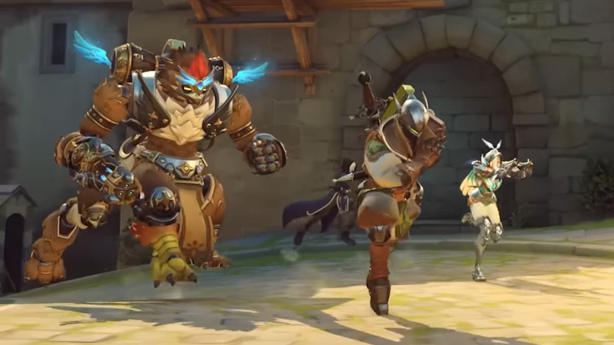 Ashe, Genji, Orisa, and Tracer running on Eichenwalde in Overwatch 2 Season 5 trailer.