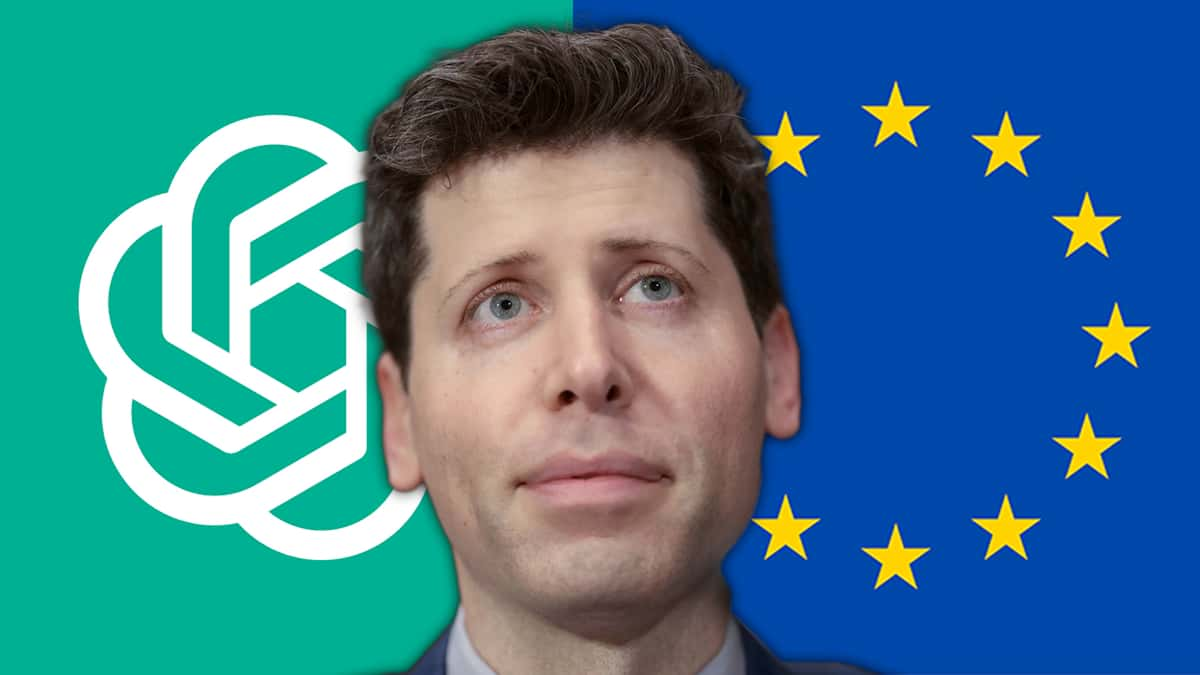 Sam Altman, CEO of OpenAI in front of OpenAI logo and EU Flag