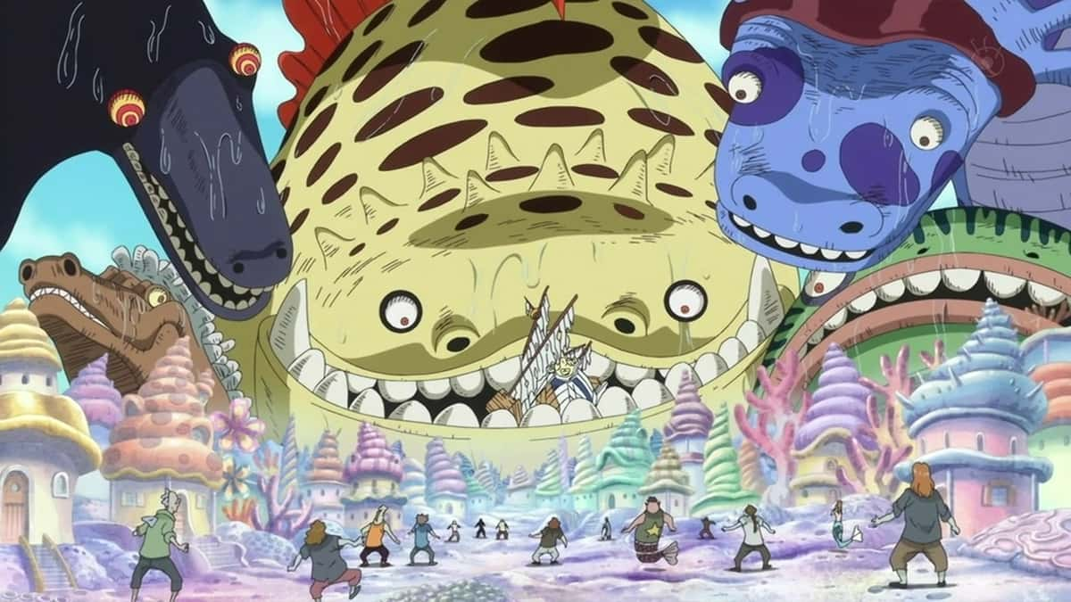 An image of the Sea Kings summoned by Shirahoshi in One Piece