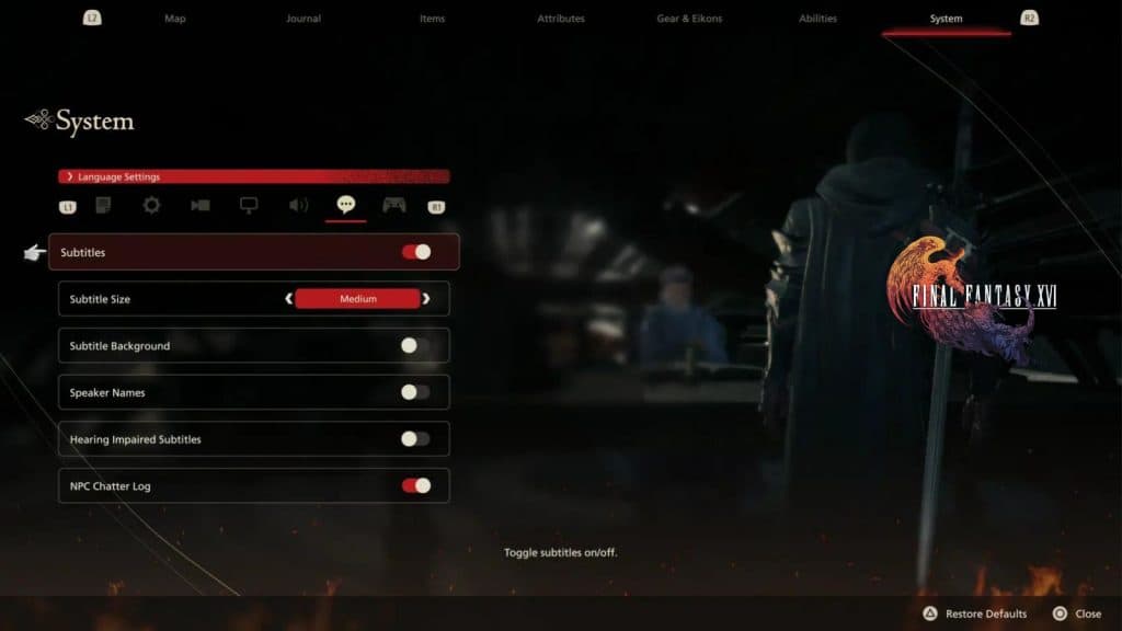 Subtitle and Hearing settings in Final Fantasy 16