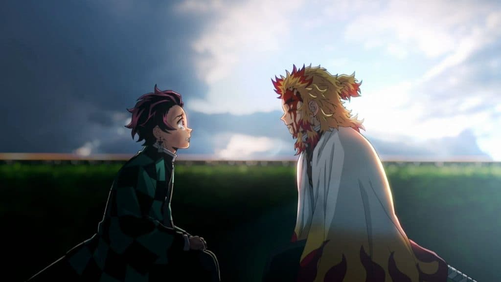 An image of Rengoku saying his final words to Tanjiro