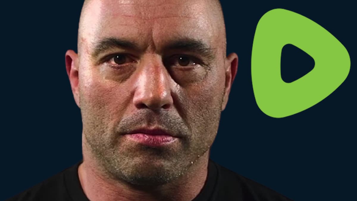 Joe Rogan next to rumble logo