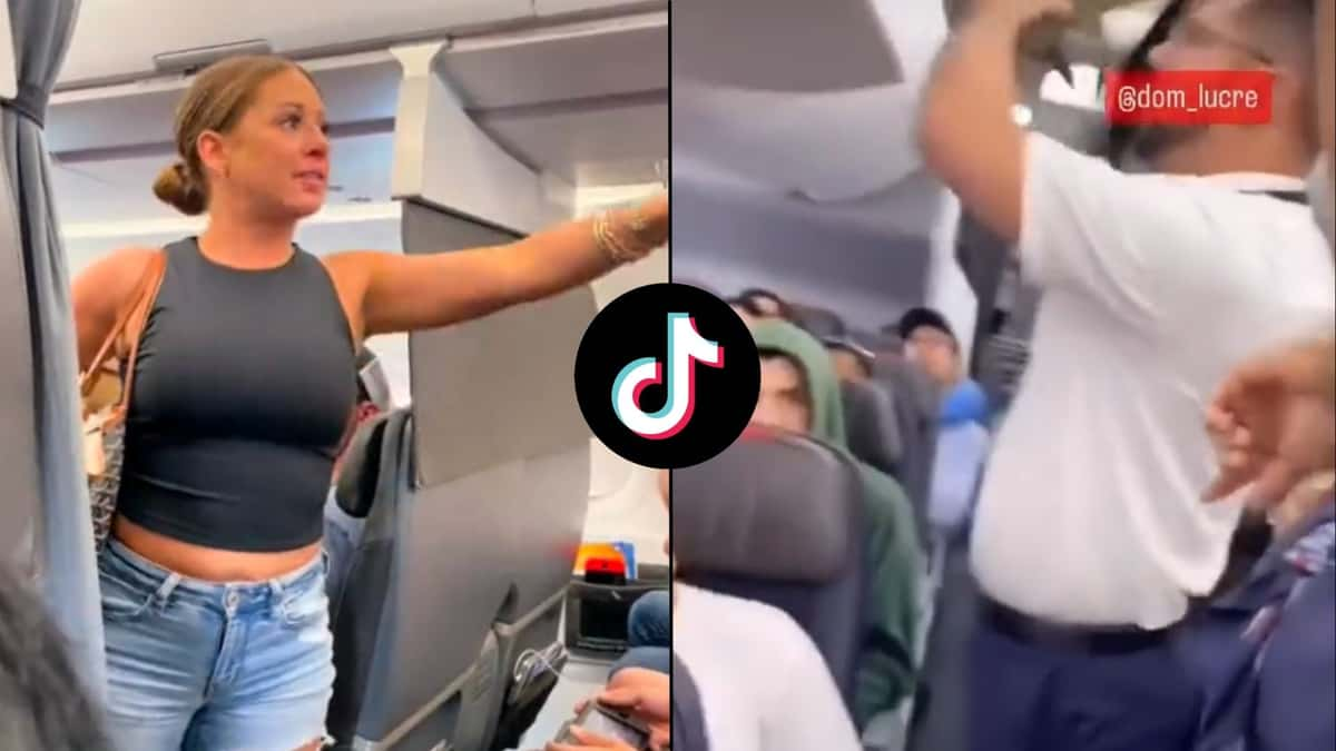 Woman freaking out on plane side-by-side with screenshot of man in hoodie