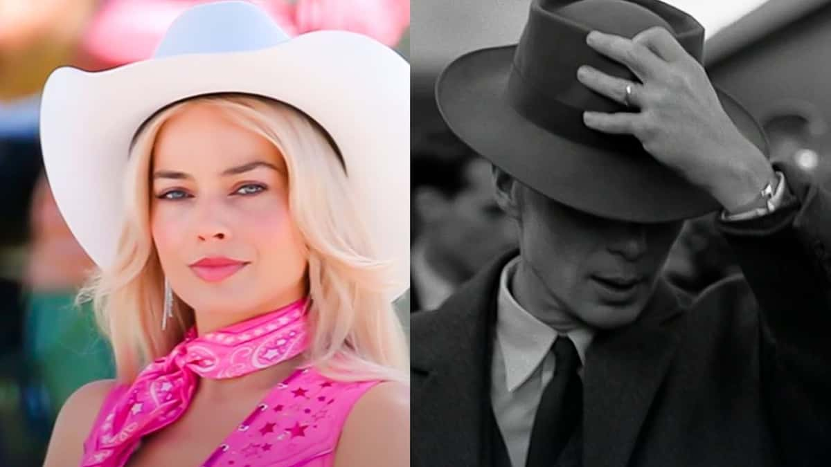 Scene from Barbie on the left, scene from Oppenheimer on the right