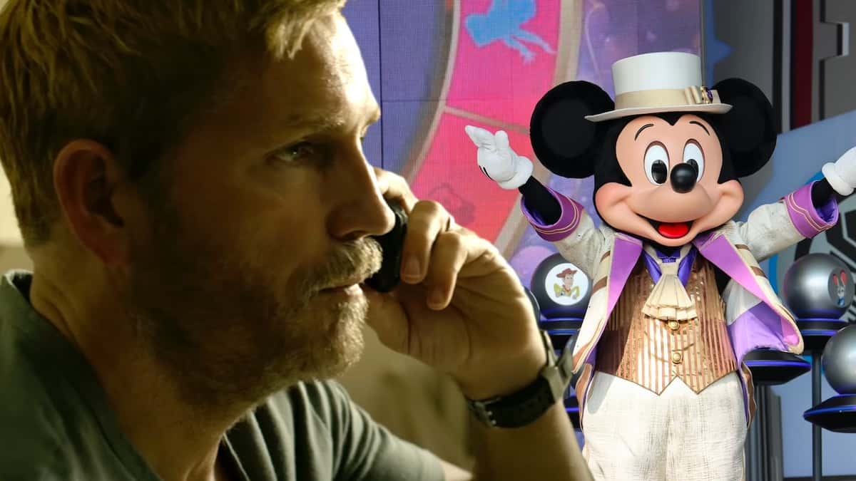 Still from Sound of Freedom and image of Mickey Mouse at Disneyland