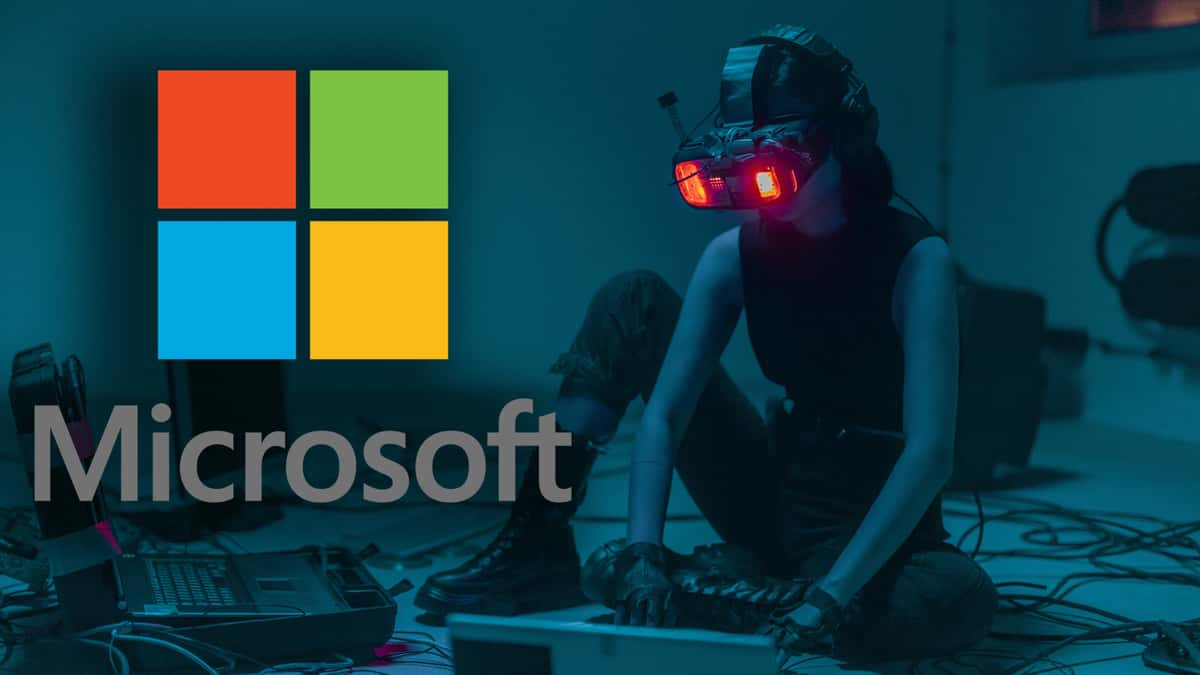 Microsoft logo next to a stock image of a hacker wearing a headset