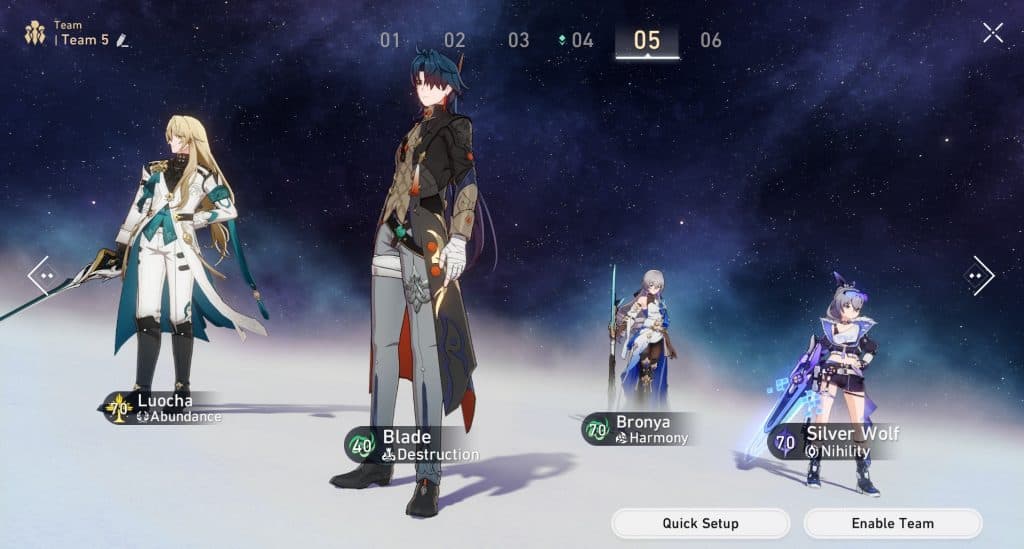 A screenshot of Blade Team Comp in Honkai Star Rail